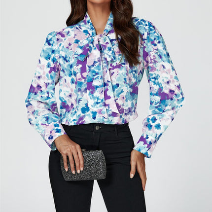 Abstract Floral Print Tie Detail long sleeve Blouse Top In Blue
