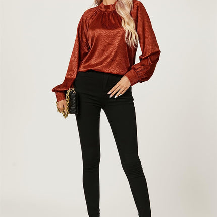 Halter Neck Satin Long Sleeve Blouse Top In Copper Red