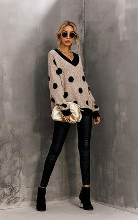 Wool Blended V Neck Jumper In Beige & Black Polka Dot Print