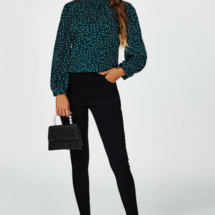 Polka Dot Print Long Sleeve Back Tie Blouse Top In Green
