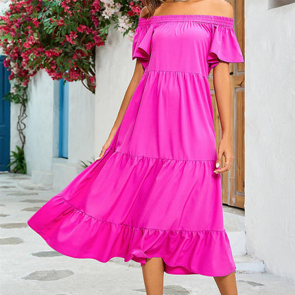 Off Shoulder Bardot Frill Midi Dress In Fuchsia Pink