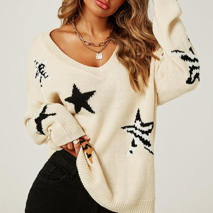 Relaxed Soft V Neck Animal Star Pattern Jumper Top In Beige