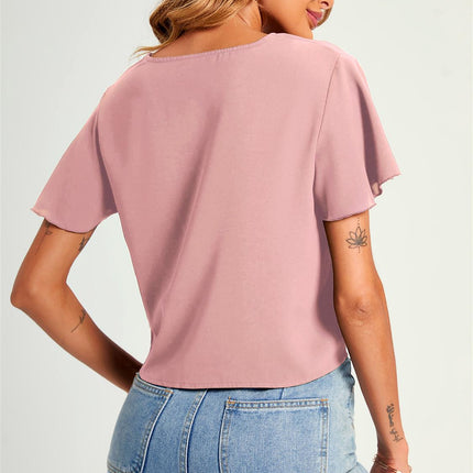 Cute Tie Knot Front Buttoned Crop T Shirt Top In Pink