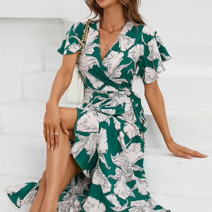 Angel Sleeve Wrap Midi Dress In Green