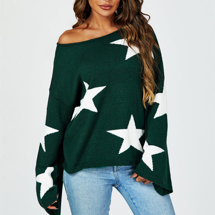 Wide Sleeve Oversize Dark Green Jumper With White Star