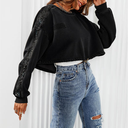 Oversized Sequin Detail Cropped Sweatshirt In Black