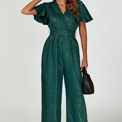 Gold Foil Print Wrap Top Jumpsuit In Green
