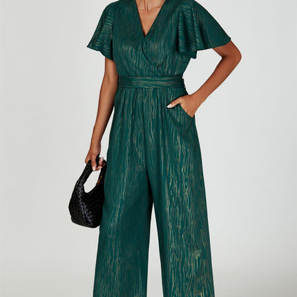 Gold Foil Print Wrap Top Jumpsuit In Green