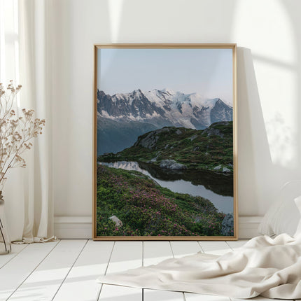 Lac de la Flégère Print – Mont Blanc Reflections with Wildflowers, Chamonix