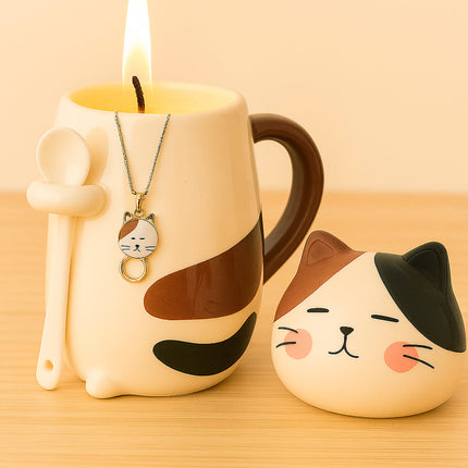 Schmuck Duftkerze mit Motiv Katze, in Keramiktasse mit Deckel und Löffel