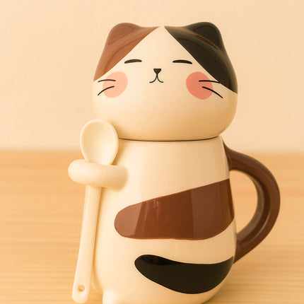 Schmuck Duftkerze mit Motiv Katze, in Keramiktasse mit Deckel und Löffel