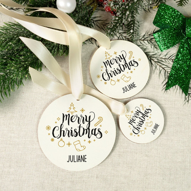 SEO. Christbaumschmuck aus Holz - Merry Christmas - Weihnachtsanhänger mit Namen - 6cm Linkreich