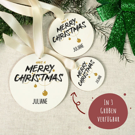 SEO. Christbaumschmuck aus Holz - Merry Christmas - Weihnachtsanhänger mit Namen - 6cm Linkreich