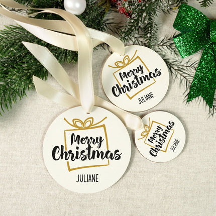 SEO. Christbaumschmuck aus Holz - Merry Christmas - Weihnachtsanhänger mit Namen - 6cm Linkreich