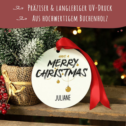 SEO. Christbaumschmuck aus Holz - Merry Christmas - Weihnachtsanhänger mit Namen - 6cm Linkreich