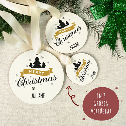 SEO. Christbaumschmuck aus Holz - Merry Christmas - Weihnachtsanhänger mit Namen - 6cm Linkreich