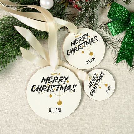 SEO. Christbaumschmuck aus Holz - Merry Christmas - Weihnachtsanhänger mit Namen - 6cm Linkreich