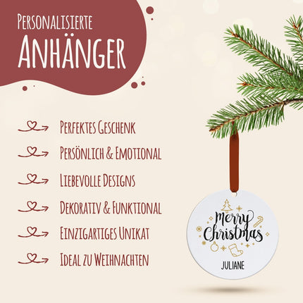 SEO. Christbaumschmuck aus Holz - Merry Christmas - Weihnachtsanhänger mit Namen - 6cm Linkreich