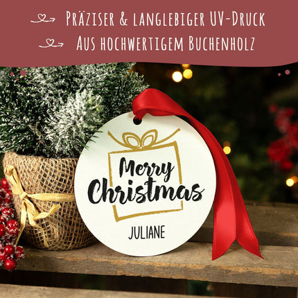 SEO. Christbaumschmuck aus Holz - Merry Christmas - Weihnachtsanhänger mit Namen - 6cm Linkreich