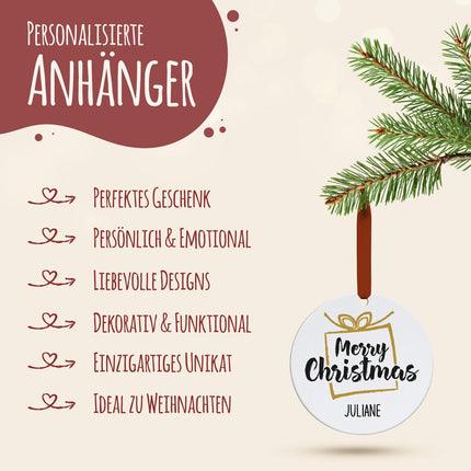 SEO. Christbaumschmuck aus Holz - Merry Christmas - Weihnachtsanhänger mit Namen - 6cm Linkreich