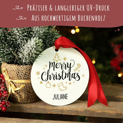 SEO. Christbaumschmuck aus Holz - Merry Christmas - Weihnachtsanhänger mit Namen - 6cm Linkreich
