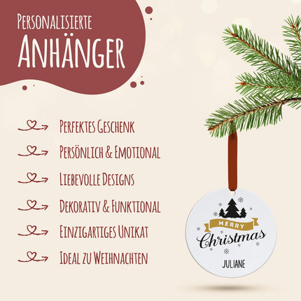 SEO. Christbaumschmuck aus Holz - Merry Christmas - Weihnachtsanhänger mit Namen - 6cm Linkreich