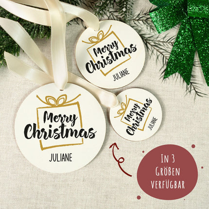 SEO. Christbaumschmuck aus Holz - Merry Christmas - Weihnachtsanhänger mit Namen - 6cm Linkreich