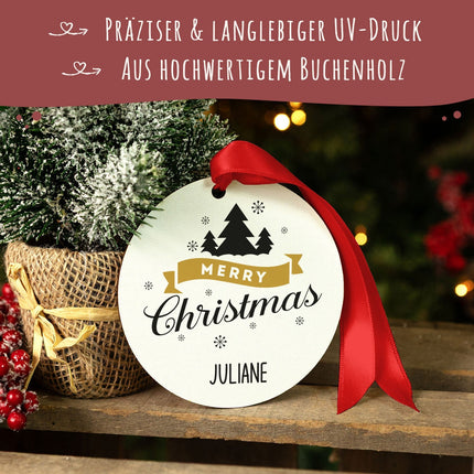 SEO. Christbaumschmuck aus Holz - Merry Christmas - Weihnachtsanhänger mit Namen - 6cm Linkreich