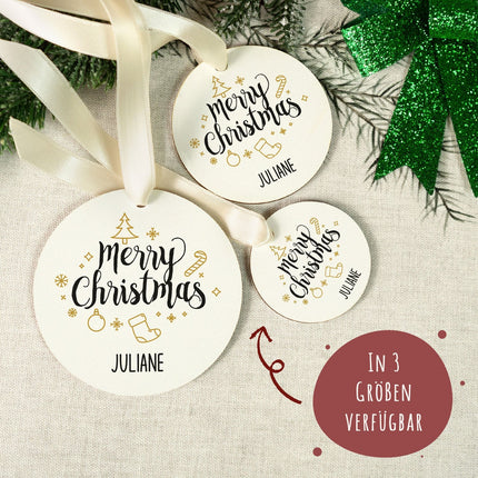 SEO. Christbaumschmuck aus Holz - Merry Christmas - Weihnachtsanhänger mit Namen - 6cm Linkreich