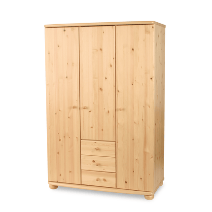 SEO. Claudia Hotel Kleiderschrank | 3 - Türig | Regalböden | 3 - Schubladen | 100% Bio Kiefer Massivholz - Natur Linkreich