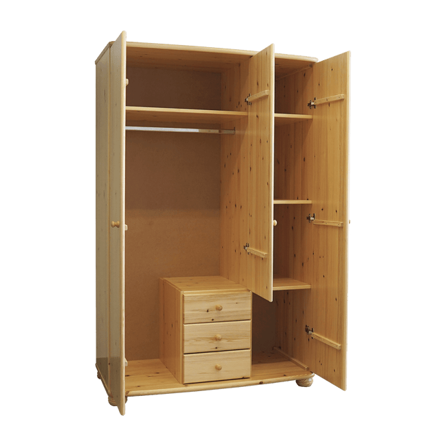 SEO. Claudia Hotel Kleiderschrank | 3 - Türig | Regalböden | 3 - Schubladen | 100% Bio Kiefer Massivholz - Natur Linkreich