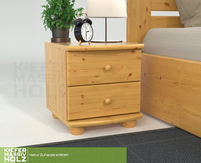 SEO. Claudia Kiefer Massivholz Nachttisch Nachtschrank | 2 - Schubladen | 100% Bio Kiefer - Natur Linkreich