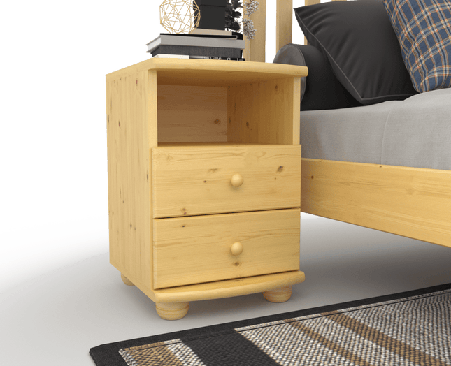 SEO. Claudia Kiefer Massivholz Nachttisch Nachtschrank | 2 - Schubladen und 1 Regal | 100% Bio Kiefer - Natur Linkreich
