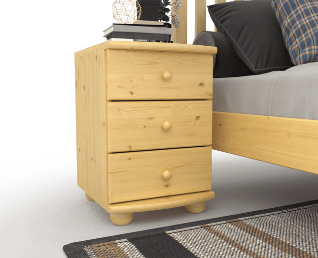 SEO. Claudia Kiefer Massivholz Nachttisch Nachtschrank | 3 - Schubladen | 100% Bio Kiefer - Natur Linkreich