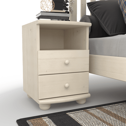 SEO. Claudia Kiefer Nachttisch 2-Schubladen aus 100% Bio Kiefer mit Regal - Weiss Linkreich