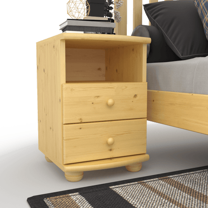 SEO. Claudia Kiefer Nachttisch 2-Schubladen aus 100% Bio Kiefer mit Regal - Natur Linkreich