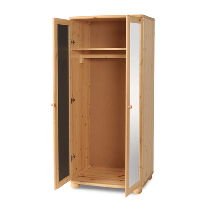 SEO. Claudia Kleiderschrank Spiegelschrank | 2 - Türig mit Kleiderstange | 100% Bio Kiefer Massivholz - Natur Linkreich