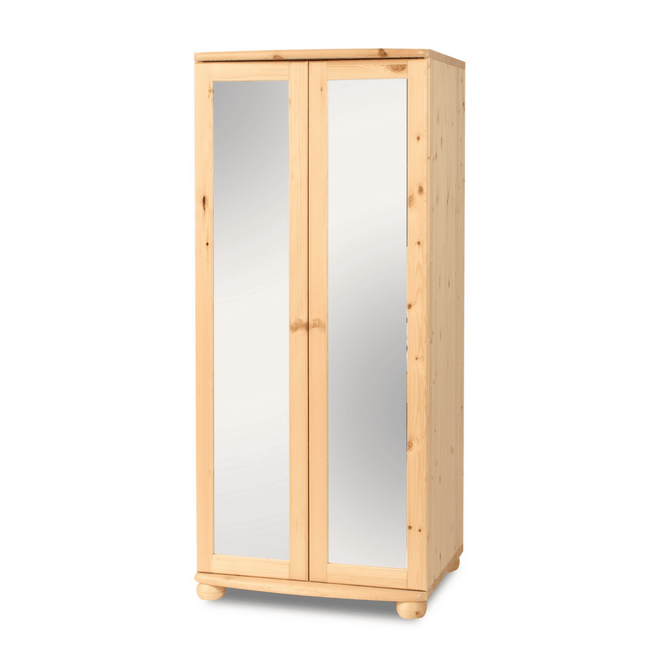 SEO. Claudia Kleiderschrank Spiegelschrank | 2 - Türig mit Kleiderstange | 100% Bio Kiefer Massivholz - Natur Linkreich