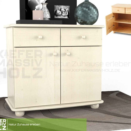 SEO. Claudia Kommode Sideboard | Anrichte | 2-Türig | 2-Schubladen | 100% Bio Kiefer Massivholz - Weiss Linkreich