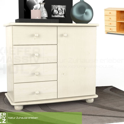 SEO. Claudia Kommode Sideboard | Anrichte | 4 - Schubladen 1 - Türig | 100% Bio Massivholz - Weiss Linkreich