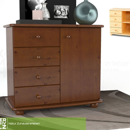 SEO. Claudia Kommode Sideboard | Anrichte | 4 - Schubladen 1 - Türig | 100% Bio Massivholz - Kolonial Linkreich