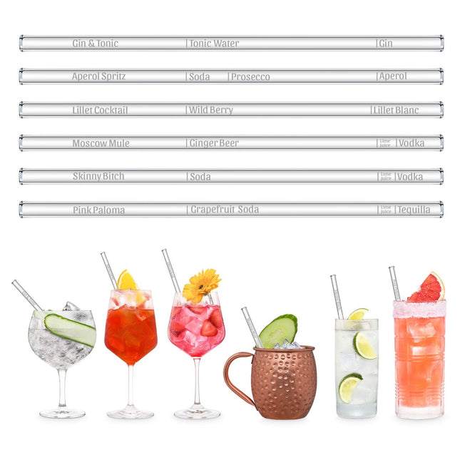 Cocktail Rezepte Glasstrohhalme mit gravierten Maßen für perfektes Mixen - 6er Set (Glastrinkhalme) kaufen bei Linkreich – Jetzt entdecken!