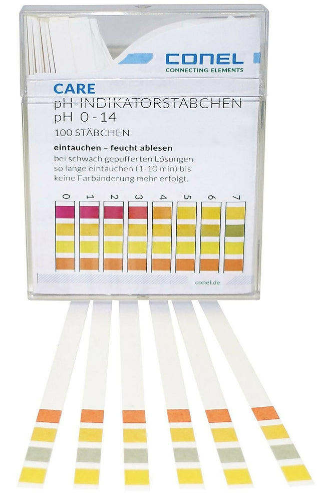 CONEL CARE pH - Indikator - Stäbchen - Box 100 Stk. – für wässrige Flüssigkeiten mit Farbschema (Mess - & Prüftechnik) kaufen bei Linkreich – Jetzt entdecken!