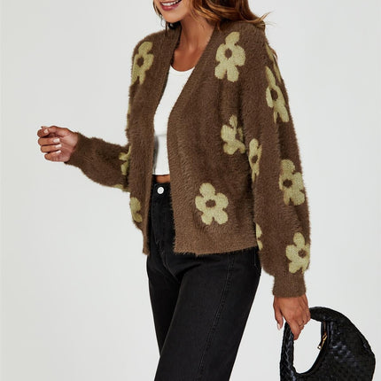 Flowers Pattern Knitted Cardigan In Brown