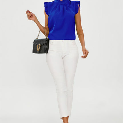 Frill Trim Sleeve High Neck Blouse Top In Royal Blue
