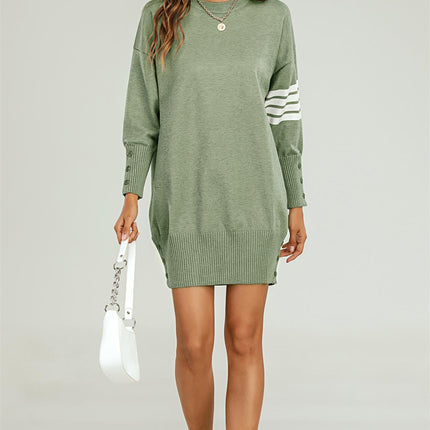 Knitted Tunic Jumper Dress With White Stripe In Olive