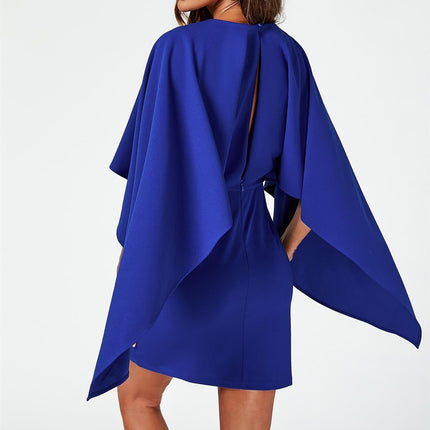 Back Detail Mini Dress With Cape In Blue