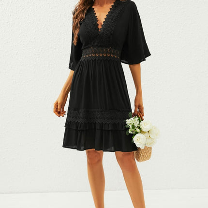 V Neck Lace Mini Dress In Black