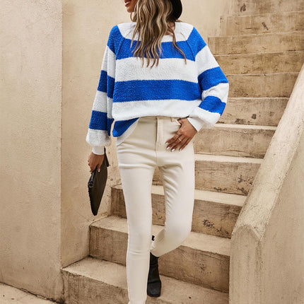 Blue Stripe Relaxed Knit Jumper Top In White