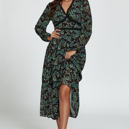 Floral Print Long Sleeve Midi Dress In Brown